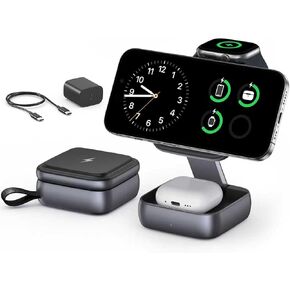3 in 1 Foldable Wireless Magnetic Charging Dock with Storage Bag for MagSafe for iPhone 17 16 15 14 13 12 Pro Max for Apple Watch for AirPods Charger Travel Nightstand in Saudi Arabia