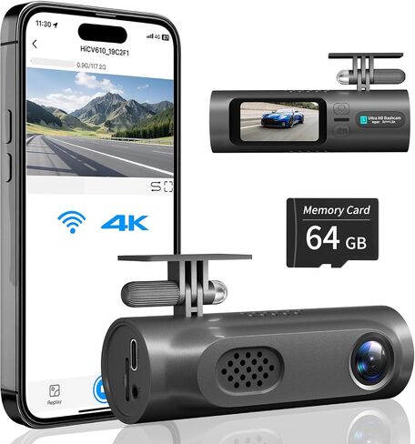 كاميرا داش كام أمامية 4K، بطاقة 64 جيجابايت متضمنة، كاميرا داش للسيارات مدمجة في واي فاي، كاميرا داش كام صغيرة مع رؤية ليلية، التحكم في التطبيق، تسجيل حلقة، قفل الطوارئ، شاشة IPS 1.47 بوصة، تدعم 128 جيجابايت كحد أقصى in Kuwait