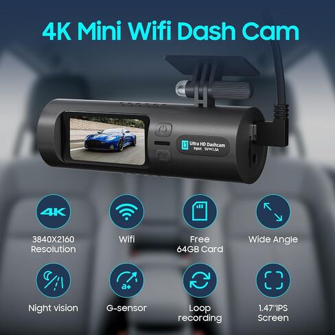 كاميرا داش كام أمامية 4K، بطاقة 64 جيجابايت متضمنة، كاميرا داش للسيارات مدمجة في واي فاي، كاميرا داش كام صغيرة مع رؤية ليلية، التحكم في التطبيق، تسجيل حلقة، قفل الطوارئ، شاشة IPS 1.47 بوصة، تدعم 128 جيجابايت كحد أقصى in Kuwait