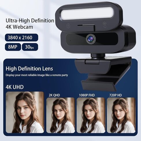 B09-4K 4K Webcam with Privacy Shutter & Fill Light, USB, 1.5M Cable & Type-C Adapter, Flexible Mount for Li in Kuwait