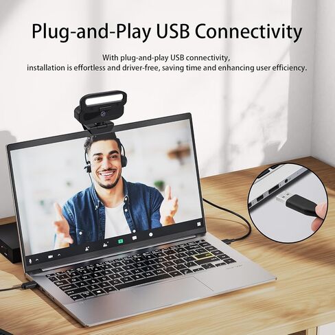 B09-4K 4K Webcam with Privacy Shutter & Fill Light, USB, 1.5M Cable & Type-C Adapter, Flexible Mount for Li in Kuwait