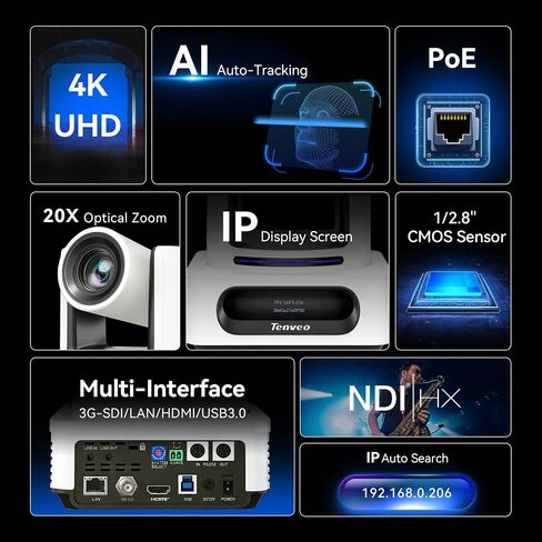 Tenveo NDI PTZ Camera Bundle/Kits, 4K 20X AI Tracking NDI SDI/HDMI/USB3.0/LAN(PoE) PTZ Camera(*4), NDI PTZ Joystick Controller and 4K HDMI + SDI Video Switcher Mixer for Video Production Large Stream in Saudi Arabia