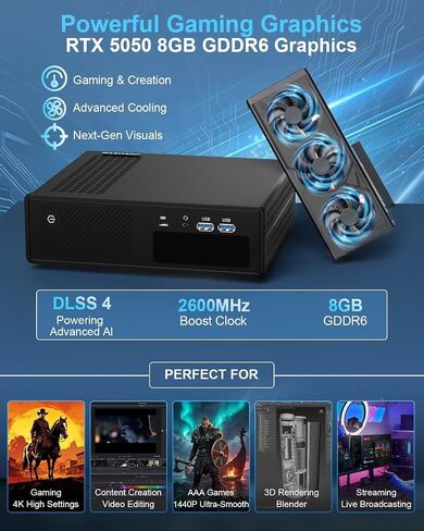BASOARO AI Mini PC Core Ultra 7-165H (16C/22T, Up to 5.0GHz), Mini Gaming Computer RTX 5050 8GB GDDR6, 16GB DDR5 RAM 512GB SSD, Dual 2.5G LAN, Quad Display (2 HD+2 DP), WiFi 7 BT 5.4 in Kuwait