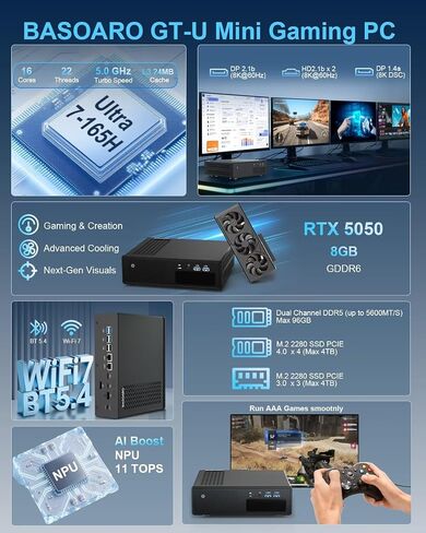 BASOARO AI Mini PC Core Ultra 7-165H (16C/22T, Up to 5.0GHz), Mini Gaming Computer RTX 5050 8GB GDDR6, 16GB DDR5 RAM 512GB SSD, Dual 2.5G LAN, Quad Display (2 HD+2 DP), WiFi 7 BT 5.4 in Kuwait