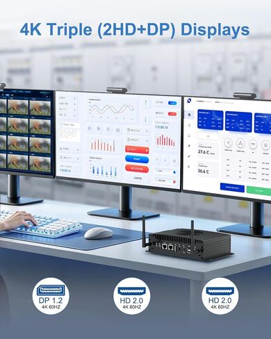 BASOARO Mini Industrial PC i5 1235U, 16GB RAM 512GB SSD, Fan Cooled, Win 11 Pro, Dual LAN, 2 HD+DP 4K Triple Display, 2 RS232/RS422/RS485 COM, GPIO, WiFi 6 BT 5.2 in Kuwait