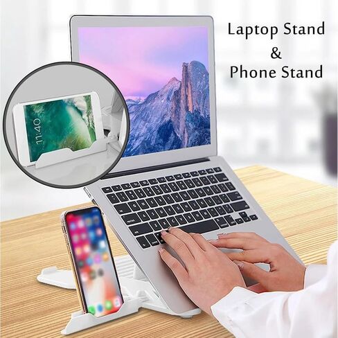 Adjustable Laptop Stand for Desk, Foldable Portable Computer Stand with 360° Rotating Base and Phone Holder, 10-Position Laptop Holder for Up to 16 Inch Laptops, White in Kuwait