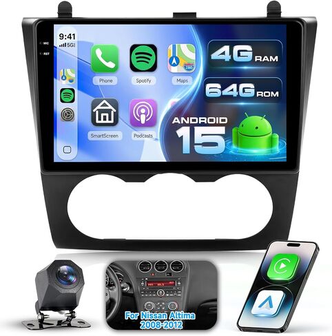 【Android 15/4+64G】 Car Radio for Nissan Altima 2008-2012 with Wireless CarPlay/Android Auto,9 inch in-Cell Touchscreen car Stereo with WiFi FM/RDS Radio GPS Bluetooth AHD Rear Camera (Manual A/C) in Saudi Arabia