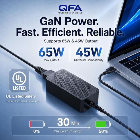 شاحن كمبيوتر محمول USB C بقوة 65 وات مدرج في قائمة QFA، ومحول طاقة من النوع C مدرج في قائمة UL in Kuwait