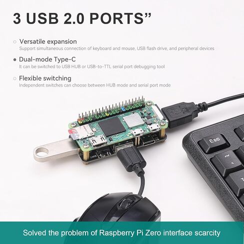 Pi USB HUB HAT for Raspberry Pi Zero, 3-Port-USB2.0 Expansion Board with USB-to-TTL, Compatible for Arduino/STM32, Type-C Dual Mode, Plug & Play GPIO Connection, TX/RX Indicators in Saudi Arabia