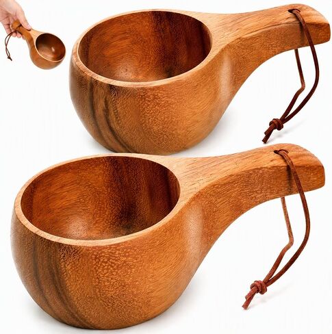 2 Pack Wooden Coffee Mug, 7.5 Oz Portable Camp Cup with Handle, Kuksa Drinking Viking Cup with Leather Lanyard, Unique Handmade Cool Hot Nordic Mug for Outdoor Travel Hiking Men Women in Saudi Arabia