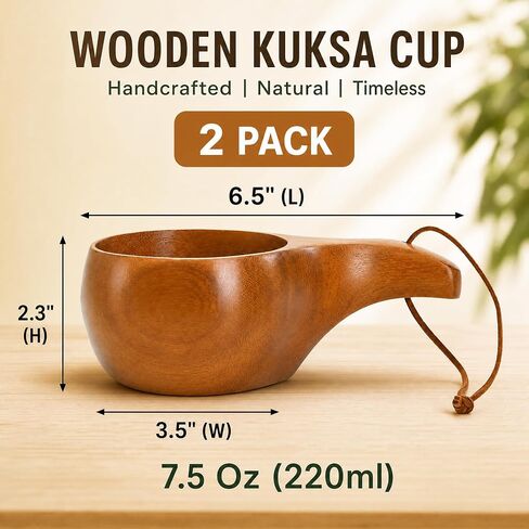 2 Pack Wooden Coffee Mug, 7.5 Oz Portable Camp Cup with Handle, Kuksa Drinking Viking Cup with Leather Lanyard, Unique Handmade Cool Hot Nordic Mug for Outdoor Travel Hiking Men Women in Saudi Arabia