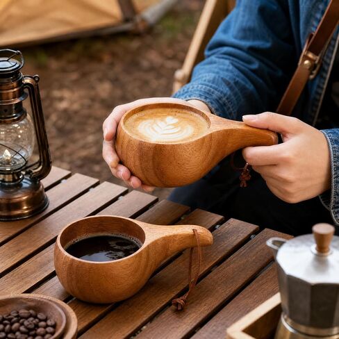 2 Pack Wooden Coffee Mug, 7.5 Oz Portable Camp Cup with Handle, Kuksa Drinking Viking Cup with Leather Lanyard, Unique Handmade Cool Hot Nordic Mug for Outdoor Travel Hiking Men Women in Saudi Arabia