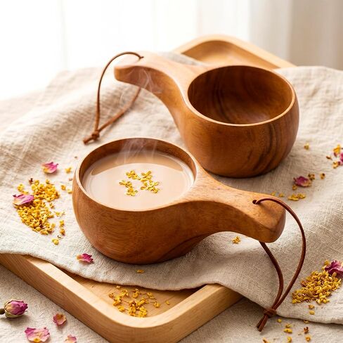 2 Pack Wooden Coffee Mug, 7.5 Oz Portable Camp Cup with Handle, Kuksa Drinking Viking Cup with Leather Lanyard, Unique Handmade Cool Hot Nordic Mug for Outdoor Travel Hiking Men Women in Saudi Arabia