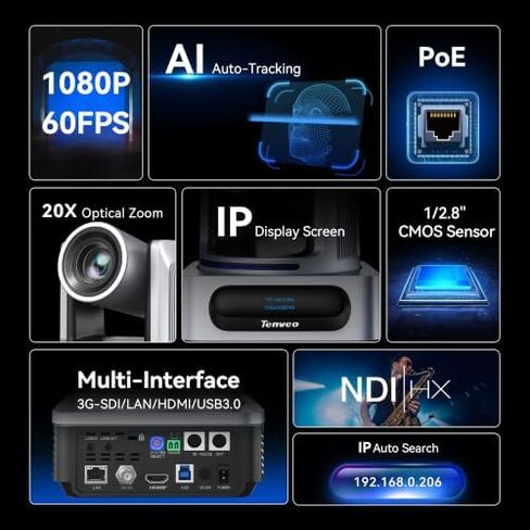 Tenveo NDI PTZ Camera Bundle/Kits - 20X AI Auto Tracking NDI 3G-SDI/HDMI/USB3.0/LAN(PoE) PTZ Camera(*4) and NDI PTZ Joystick Controller with 7'' Quad-View Touchscreen for Video Production Large Event in Saudi Arabia