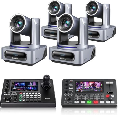 Tenveo NDI PTZ Camera Bundle/Kits, 20X AI Auto Tracking NDI SDI/HDMI/USB3.0/LAN(PoE) PTZ Camera(*4), NDI PTZ Joystick Controller and 4K HDMI + SDI Video Switcher Mixer for Video Production Live Event in Saudi Arabia