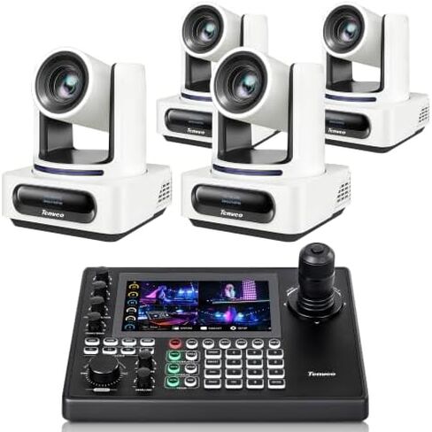 Tenveo 4K NDI PTZ Camera Bundle/Kits, 4K 20X AI Auto Tracking NDI SDI/HDMI/USB3.0/LAN(PoE) PTZ Camera(*4) and NDI PTZ Joystick Controller with 7'' Quad-View Touchscreen for Church Events Live Stream in Saudi Arabia