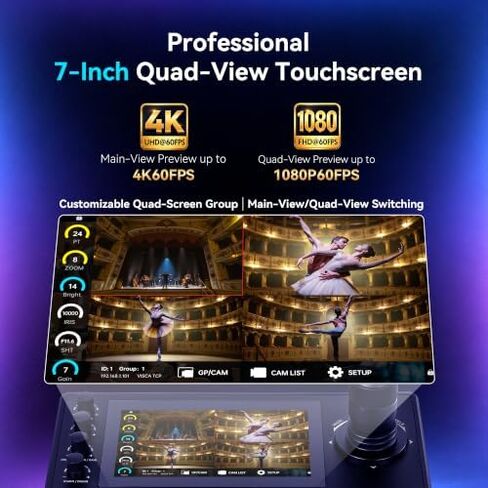 Tenveo 4K NDI PTZ Camera Bundle/Kits, 4K 20X AI Auto Tracking NDI SDI/HDMI/USB3.0/LAN(PoE) PTZ Camera(*4) and NDI PTZ Joystick Controller with 7'' Quad-View Touchscreen for Church Events Live Stream in Saudi Arabia