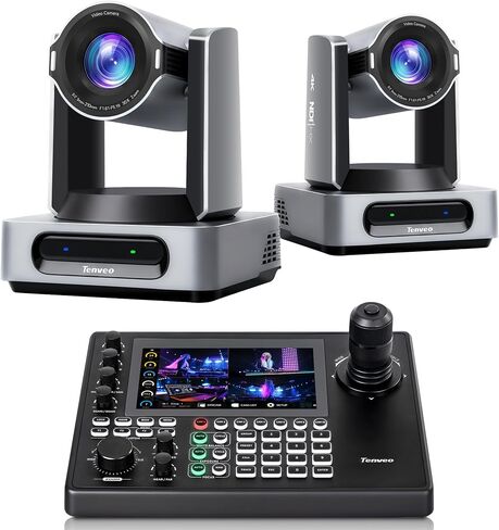Tenveo 4K NDI PTZ Camera Bundle/Kits, 30X 4K 60FPS AI Auto Tracking NDI SDI/HDMI/USB3.0/LAN(PoE) PTZ Camera(*2) and NDI PTZ Joystick Controller with 7'' Quad-View Touchscreen for Church Events Stream in Saudi Arabia