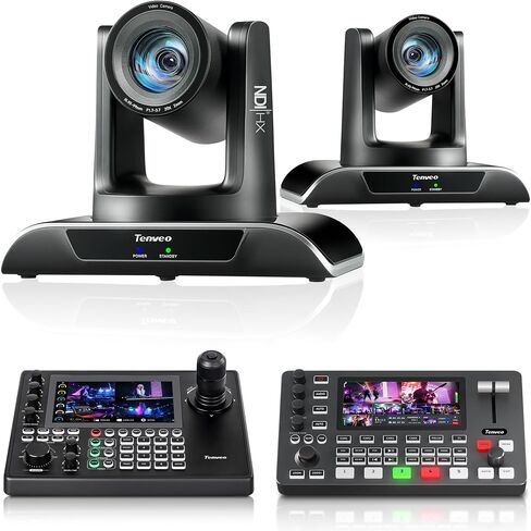 Tenveo PTZ Camera Bundle/Kits - 20X NDI AI Auto-Tracking PTZ Camera(2pcs) with HDMI/USB3.0/LAN(PoE), NDI PTZ Joystick Controller and 4K HDMI + SDI Video Switcher Mixer for Large Live Event Broadcasts in Saudi Arabia