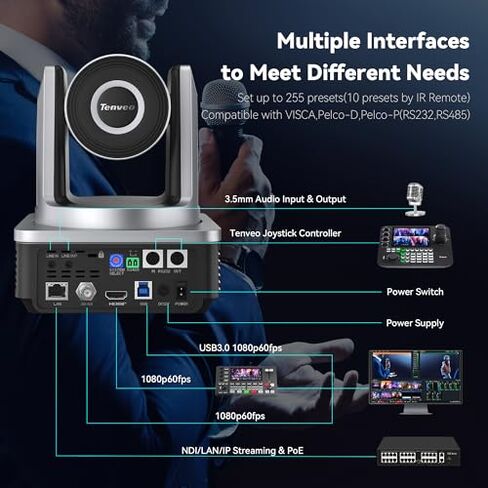 Tenveo NDI PTZ Camera Bundle/Kits - 20X AI Auto Tracking NDI 3G-SDI/HDMI/USB3.0/LAN(PoE) PTZ Camera(*3) and NDI PTZ Joystick Controller with 7'' Quad-View Touchscreen for Video Production Large Event in Saudi Arabia