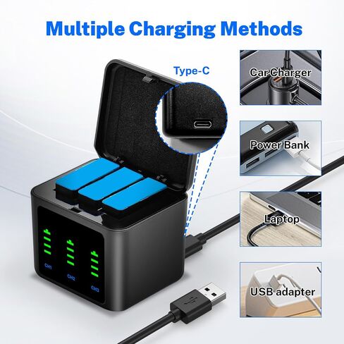 Replacement Batteries 2580mAh(3-Pack) for Gopro Hero 12/11/10/9 with 3-Channel Type-C Battery Charger Station in Saudi Arabia