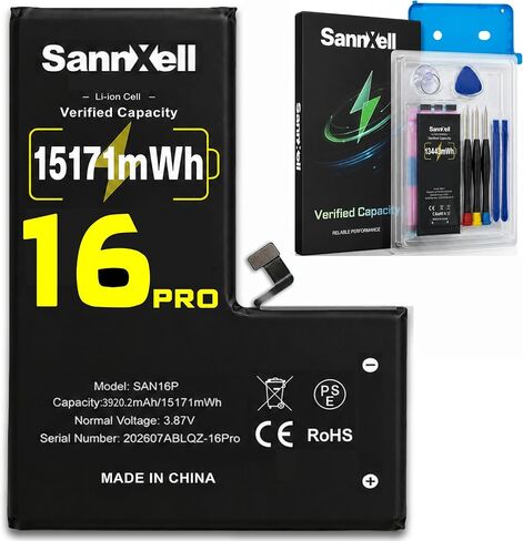Sannxell Upgraded High Capacity Battery for iPhone 16 Pro Replacement, 15171mWh 0 Cycle A3083 A3292 A3293 A3294 Model, Ultra Long Lasting Li-ion Battery with Full Repair Tool Kit in Saudi Arabia