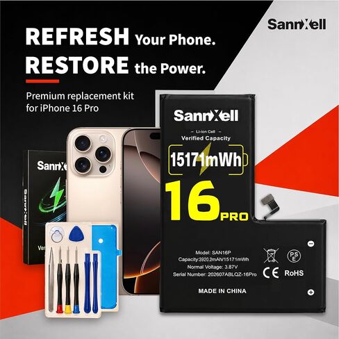 Sannxell Upgraded High Capacity Battery for iPhone 16 Pro Replacement, 15171mWh 0 Cycle A3083 A3292 A3293 A3294 Model, Ultra Long Lasting Li-ion Battery with Full Repair Tool Kit in Saudi Arabia