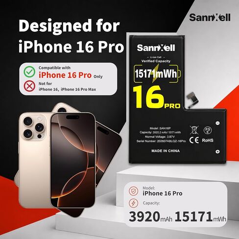 Sannxell Upgraded High Capacity Battery for iPhone 16 Pro Replacement, 15171mWh 0 Cycle A3083 A3292 A3293 A3294 Model, Ultra Long Lasting Li-ion Battery with Full Repair Tool Kit in Saudi Arabia