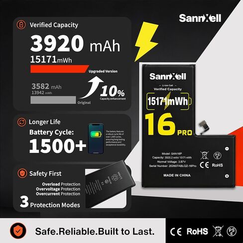 Sannxell Upgraded High Capacity Battery for iPhone 16 Pro Replacement, 15171mWh 0 Cycle A3083 A3292 A3293 A3294 Model, Ultra Long Lasting Li-ion Battery with Full Repair Tool Kit in Saudi Arabia