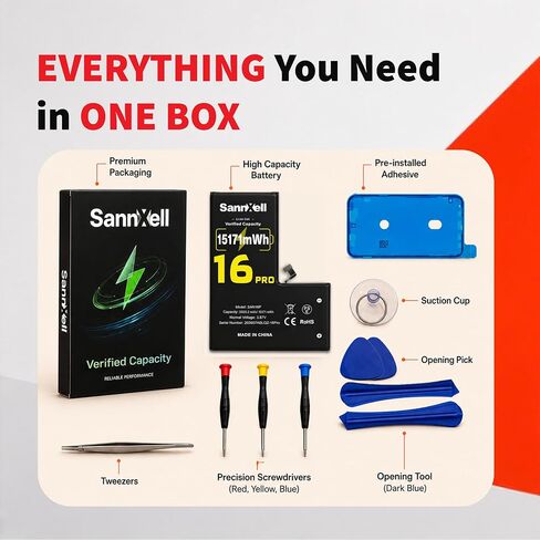 Sannxell Upgraded High Capacity Battery for iPhone 16 Pro Replacement, 15171mWh 0 Cycle A3083 A3292 A3293 A3294 Model, Ultra Long Lasting Li-ion Battery with Full Repair Tool Kit in Saudi Arabia