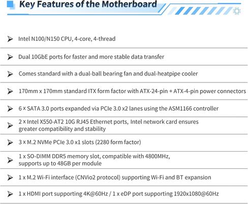StoneStorm 6-Bay Mini-ITX 10Gbps NAS Motherboard with Fan, N150 4-core 4-Threads, Dual X550-AT2 10GbE RJ45 Ports, DDR5 MAX 48G, 3 x M.2 NVMe 2280, 6 x SATA, 4K Display, TF Slot, eMMC Socket in Saudi Arabia