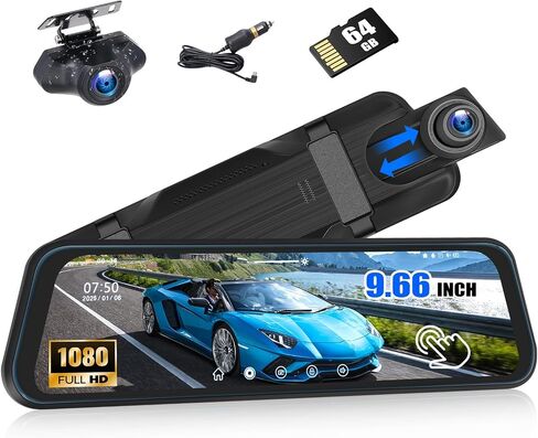 9.66" Mirror Dash Cam Night Vision,1080P Full HD Front and Rear View Mirror Camera for Cars,Dual Lens Cam with Loop Recording Streaming Media Motion Detection Parking Monitor Free 64 GB TF Card in Saudi Arabia