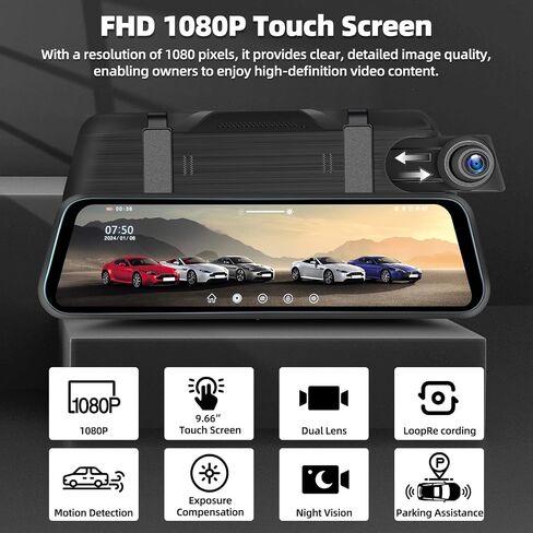 9.66" Mirror Dash Cam Night Vision,1080P Full HD Front and Rear View Mirror Camera for Cars,Dual Lens Cam with Loop Recording Streaming Media Motion Detection Parking Monitor Free 64 GB TF Card in Saudi Arabia
