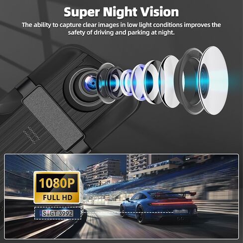 9.66" Mirror Dash Cam Night Vision,1080P Full HD Front and Rear View Mirror Camera for Cars,Dual Lens Cam with Loop Recording Streaming Media Motion Detection Parking Monitor Free 64 GB TF Card in Saudi Arabia