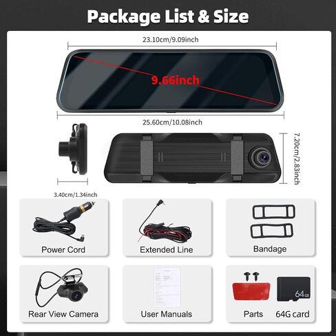 9.66" Mirror Dash Cam Night Vision,1080P Full HD Front and Rear View Mirror Camera for Cars,Dual Lens Cam with Loop Recording Streaming Media Motion Detection Parking Monitor Free 64 GB TF Card in Saudi Arabia