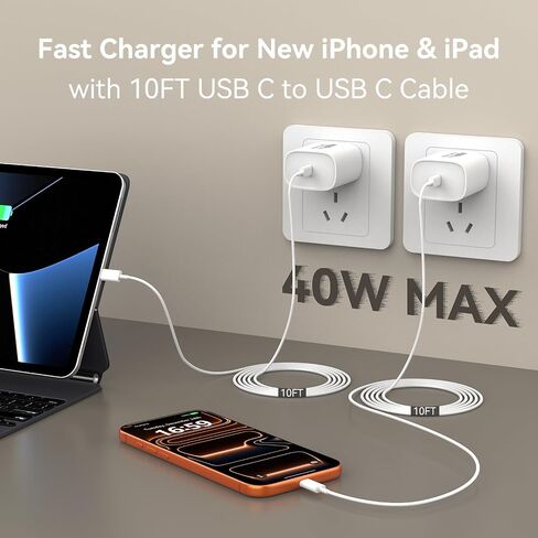 Phone 17 16 15 Pro Max Charger Fast Charging, 10 FT Long USB C Cable Cord with 40W Type C Fast Phone Charging Block for Phone 17/17 Pro/17 Pro max/Air, Phone 16 15 Pro Max Plus, iPad,White in Kuwait