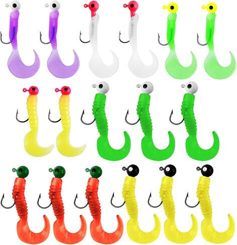 17PCS Crappie Lures Pre Rigged Soft Plastic Curly Grub Jigs Kit in Saudi Arabia