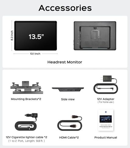 13.5" Android Headrest Monitor Screen Portable Car TV Supports Phone MirrorLink/HDMI in OUT/5G WiFi/Bluetooth/USB Rear Seat Entertainment Video Player 4G Ram+64G ROM 2PCS in Saudi Arabia