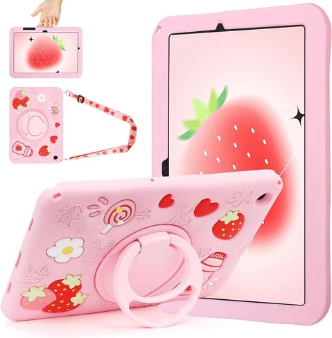 Case for Samsung Galaxy Tab A11+ Plus / A9+ Plus 11 Inch Cute Strawberry Women 3D Rotating Handle Stand & Shoulder Strap Soft Silicone for Samsung A11 Plus Tablet Case in Saudi Arabia