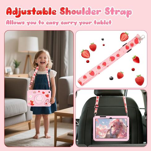 Case for Samsung Galaxy Tab A11+ Plus / A9+ Plus 11 Inch Cute Strawberry Women 3D Rotating Handle Stand & Shoulder Strap Soft Silicone for Samsung A11 Plus Tablet Case in Saudi Arabia