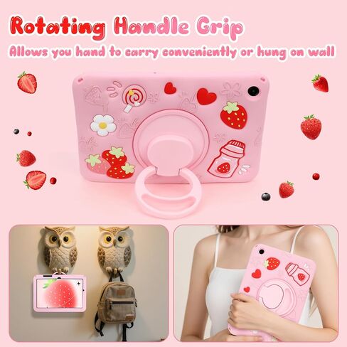 Case for Samsung Galaxy Tab A11+ Plus / A9+ Plus 11 Inch Cute Strawberry Women 3D Rotating Handle Stand & Shoulder Strap Soft Silicone for Samsung A11 Plus Tablet Case in Saudi Arabia
