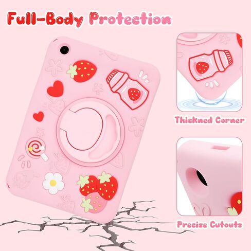 Case for Samsung Galaxy Tab A11+ Plus / A9+ Plus 11 Inch Cute Strawberry Women 3D Rotating Handle Stand & Shoulder Strap Soft Silicone for Samsung A11 Plus Tablet Case in Saudi Arabia