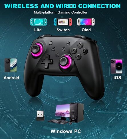 NealGamefy Switch Controllers,Wireless Switch Pro Controller for Switch/Lite/OLED/iOS/Android,Rechargeable Wired PC Gaming Controller with Cool LED Light, Turbo, 6-Axis Gyro, 4-Speed Vibration in Saudi Arabia
