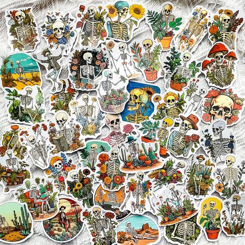 50-Piece Aesthetic Skeleton Plant Stickers – Waterproof Vinyl Floral Skull Decals for Laptop, Water Bottle, Scrapbook, Journal, Bumper – Cute Goth Nature Boho Meme Art Stickers for Adults in Saudi Arabia