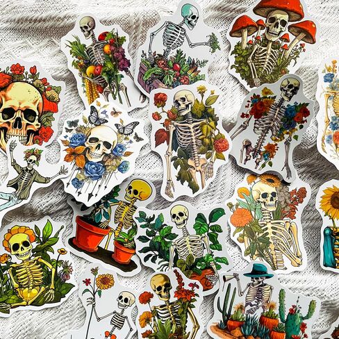 50-Piece Aesthetic Skeleton Plant Stickers – Waterproof Vinyl Floral Skull Decals for Laptop, Water Bottle, Scrapbook, Journal, Bumper – Cute Goth Nature Boho Meme Art Stickers for Adults in Saudi Arabia