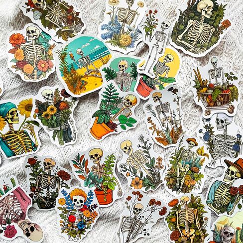 50-Piece Aesthetic Skeleton Plant Stickers – Waterproof Vinyl Floral Skull Decals for Laptop, Water Bottle, Scrapbook, Journal, Bumper – Cute Goth Nature Boho Meme Art Stickers for Adults in Saudi Arabia