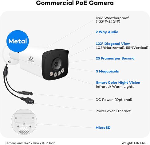 ONWOTE 5MP Two Way Talk 122° PoE IP CCTV Camera, Smart Color Night Vision in Saudi Arabia