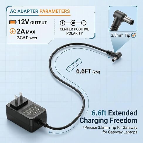 VUOHOEG 12V 2A Gateway Laptop Charger for GWTN156-11 GWTN141-5 GWTC116-2 GWNC21524, 24W Replacement AC Adapter with 6.6FT Long Cord, 3.5x1.35mm Round Tip in Kuwait