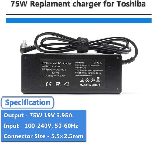 19V 3.95A 75W Laptop Charger AC Adapter Power Supply for Toshiba Satellite C55 C55D C55T C55DT C55-A C55-B C55-C C50 C75 C75D C655 L655 L755 L755D L775 C850 C855 Fit PA3822U-1ACA PA3917U-1ACA PA3714U- in Saudi Arabia