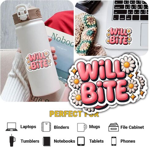 3 Pcs Will Bite Cute Daisy Flower Stickers, Funny Pink Bubble Text Vinyl Decals for Laptop, Water Bottle, Notebook, Car, Aesthetic Sarcastic Humor Stickers for Girls and Teens 3" in Saudi Arabia